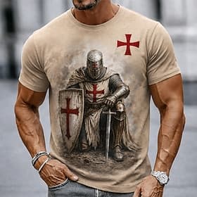 Men's Knights Templar Crusaders Cross T Shirt Short Sleeve T shirt 3D Print Crew Neck Shirt Religious Daily Street Holiday Light Brown Brown Khaki All Seasons