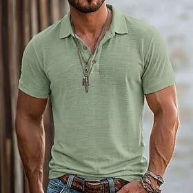 Voor heren Linnen overhemd Poloshirts Casual Vakantie Klassiek Korte mouw Vakantie Modieus Effen Met Textuur Knop Zomer Lente Normale pasvorm Meerblauw Zwart B