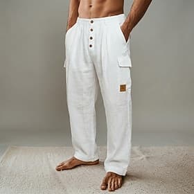 Men's Linen Pants Trousers Summer Pants Baggy Pants Elastic Waist Straight Leg Cargo Pocket Plain Comfort Breathable Full Length Casual Daily Holiday Fashion C