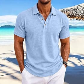 Men's Linen Shirts Polo Shirts Casual Vacation Turndown Short Sleeve Vacation Fashion Plain Textured Buttons Breathable Summer Spring Blue Black Pink Green Lig