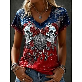 American Independence Day Halloween Women's T Shirt Print Floral Graphic American Flag Vintage Stylish Classic Short Sleeve V Neck Regular Tops Casual Daily Sp
