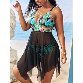 Women's Bathing Suit 2 Pieces Swimsuits Floral Printed V Neck Mesh Brief Leg UV Protection Lightweight Comfortable Sleeveless Swimwear Surfing Beach Swimming S