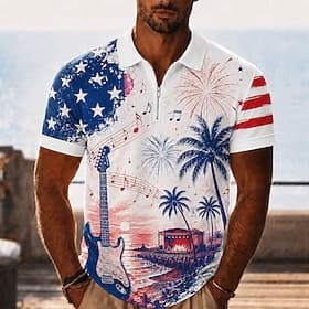 4th of July 2026 250th Men's Stripes Stars Zip Polo Shirts Short Sleeve Polo Shirts Collared Shirts Casual Party Evening Wear Dailywear 3D Print Quarter Zip Po