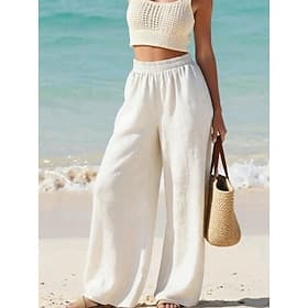 Women's Cotton Linen Pants Trousers Summer Pants Baggy Pants Vacation Fashion Casual Daily Full Length High Waist Solid Color Wide Leg Elastic Waistband Comfor