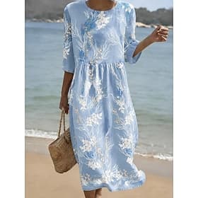 Women's Midi Dress Shift Dress Sundress Vacation Casual Beach Going out Loose Fit Floral Graphic 3/4 Length Sleeve Crewneck Blue Sky Blue Summer Spring Fall