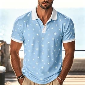 Men's Star Hawaiian Polo Shirts Short Sleeve Polo Shirts Collared Shirts Casual Athleisure Vacation Wear 3D Print Buttons Breathable Mesh Spring  Summer Blue L
