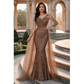 Mermaid Trumpet Floor Length Evening Gown Ball Gown with Overskirt Formal Dress Elegant Long Sleeve Crew Neck Prom Evening Party Tulle with Sequin