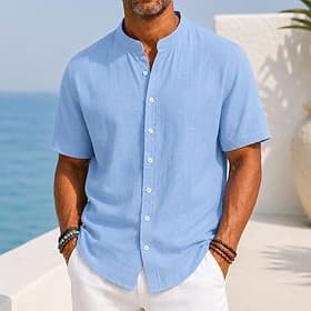 Herren Hemd Leinenhemd Sommerhemd Strandbekleidung Stehkragenhemd Knopfhemd Einfach Lässig Täglich Blau Schwarz Weiß Orange Kurzarm Stehkragen Sommer Bekleidun