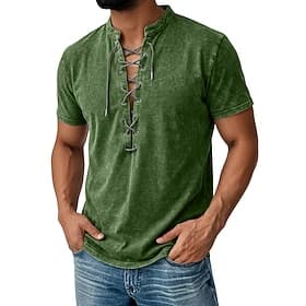 Men's Viking Style Henley Shirt 100% Cotton Acid Wash Shirt Short Sleeve Plain Vintage Retro Vintage Casual Lace up Vintage Style Distressed Henley Casual Goin