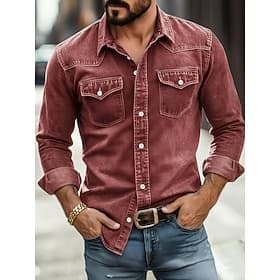 Men Shirt Casual Shirt Work Shirt Western Shirt Button Up Shirt Faded Shirt Blue Black Red Green Long Sleeve Plain Shirt Collar Casual Daily Front Pocket Cloth