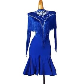 Robe de compétition de danse latine bleu marine ornée de strass - tenue de scène salsa samba sans manches à col en V et volants blancs