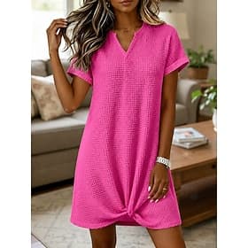 Women's Knee Length Dress Waffle Dress T Shirt Dress Tee Dress Basic Classic Daily Vacation Loose Fit Plain Short Sleeve V Neck Blue Khaki Black Rose Red Summe
