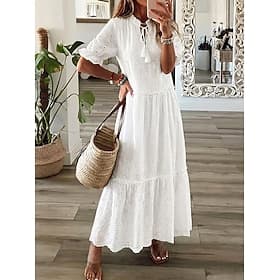 Women's Maxi Dress White Dress Summer Dress Eyelet Dress Fashion Modern Beach Vacation Holiday Regular Fit Floral Half Sleeve Stand Collar White Summer Spring