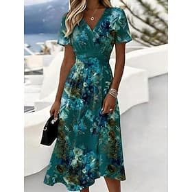 Mulheres Vestido midi Vestido de turno Férias Casual Boho Diário Vestido de verão vestido de primavera Normal Floral Gráfico Folha Manga Curta Decote V Verde C thumbnail 2