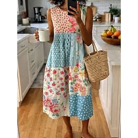 Women's Midi Dress Sundress A Line Dress Vacation Casual Boho Beach Regular Fit Floral Graphic Sleeveless Crew Neck Blue Orange Green Summer Spring