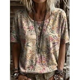 Women's T Shirt Print Floral Graphic Plants Fashion Stylish Classic Short Sleeve Crew Neck Regular Tops Casual Daily Weekend Light Beige Red Purple Green Summe