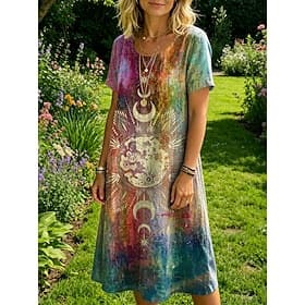 Women's Knee Length Dress Shift Dress T Shirt Dress Tee Dress Casual Loose Fit Graphic Geometric Short Sleeve Crew Neck Pink Purple Summer Spring