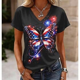 American Independence Day Women's T Shirt Print Graphic Letter American Flag Vintage Stylish Classic Short Sleeve V Neck Regular Tops Casual Daily Black White