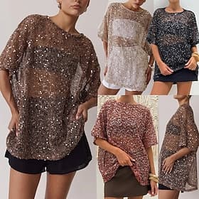 Women's Sequin Tops Pullover Stylish Half Sleeve Long Tops claret off white Black Chocolate Summer Spring