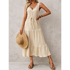 Women's Maxi Dress A Line Dress Summer Dress Casual Daily Regular Fit Plain Sleeveless V Neck Blue Navy Apricot Summer