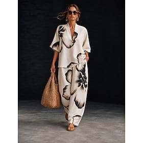 Women's Shirt Cotton Linen Sets Pants Sets Short Sleeve Half Sleeve V Neck Floral Graphic Geometric Print Vacation Fashion Streetwear Casual Daily Outdoor Blac