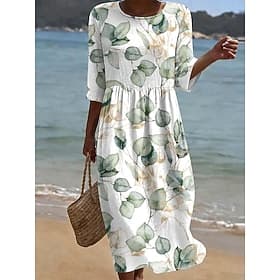Women's Midi Dress Sundress Summer Dress Vacation Casual Boho Holiday Regular Fit Floral Graphic Half Sleeve Crew Neck White Light Green Sky Blue Summer Spring