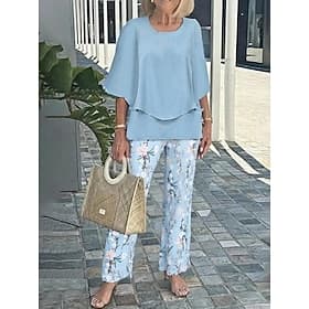 Women's Two Piece Sets Pants Sets Half Sleeve Butterfly Sleeve Round Neck Floral Graphic Ruffle Print Elegant Vacation Casual Daily Beach Blue Pink Purple Spri