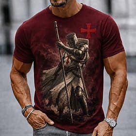 Men's Knights Templar Crusaders Cross T Shirt Short Sleeve T shirt 3D Print Crew Neck Shirt Religious Street Dark Party Burgundy Khaki Dark Blue All Seasons Cl