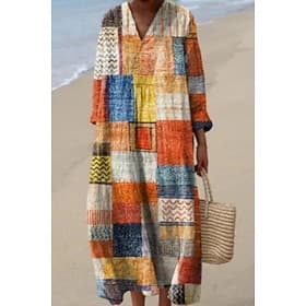 Women's Maxi Dress Sundress A Line Dress Vacation Casual Boho Beach Going out Graphic Geometric Long Sleeve V Neck Blue Dark Brown Rainbow Summer Spring Fall W