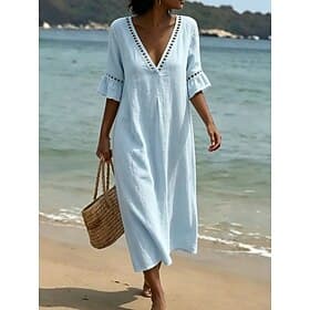 Women's Midi Dress Sundress Casual Dress Vacation Casual Boho Beach Party Date Loose Fit Plain Short Sleeve V Neck Blue White Pink Red Summer Spring