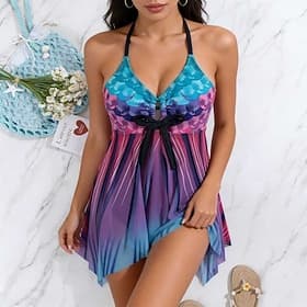 Women's Medium Bathing Suit Tankini 2 Pieces Gradient Printed V Neck Mesh Brief Leg UV Protection Lightweight Comfortable Sleeveless Swimwear Surfing Beach Swi