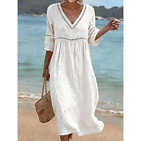 Women's Midi Dress A Line Dress Casual Outdoor Beach Going out Loose Fit Solid Color 3/4 Length Sleeve V Neck Blue Black Yellow Pink Summer Spring