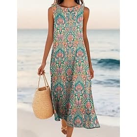 Women's Midi Dress Casual Dress A Line Dress Elegant Regular Fit Graphic Geometric Sleeveless Crew Neck Purple Green Summer Spring
