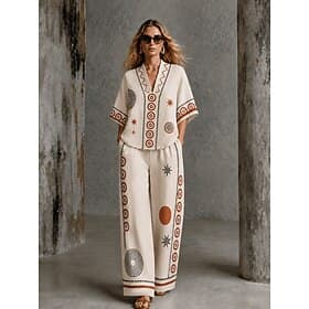 Per donna Camicia Set di biancheria in cotone Set di Pantaloni Manica Corta Scollo a V Floreale Grafico Geometrico Stampato Vacanza Moda Streetwear Casuale Quo thumbnail 3