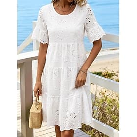Women's Knee Length Dress White Dress Summer Dress Eyelet Dress Fashion Modern Beach Vacation Holiday Regular Fit Floral Short Sleeve Crew Neck White Pink Sky