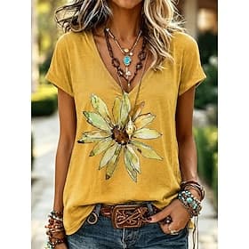 Women's T Shirt Print Floral Graphic Vintage Fashion Hawaiian Short Sleeve V Neck Regular Tops Casual Daily Going out Yellow Pink Green Summer Spring