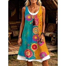 Women's Knee Length Dress Sundress T Shirt Dress Tee Dress A Line Dress Vacation Casual Boho Regular Fit Floral Graphic Sleeveless Scoop Neck Yellow Orange Gre