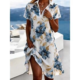 Women's Mini Dress A Line Dress Vacation Casual Boho Daily Beach Loose Fit Floral Graphic Short Sleeve V Neck Lapel Sky Blue Summer Spring