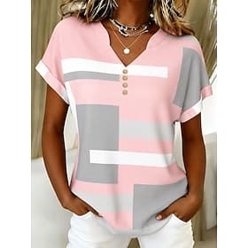 Women's T Shirt Graphic Geometric Color Block Stylish Classic Casual Short Sleeve Henley Regular Tops Beach Wedding Casual Daily Blue Pink Summer Spring