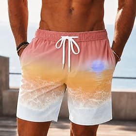 Men's Gradient Color Ocean Waves Swim Trunks Bathing Suits Swim Shorts Board Shorts Mid Waist Hawaiian Daily Beach Vacation Wear Side Pockets Mesh Lining Elast