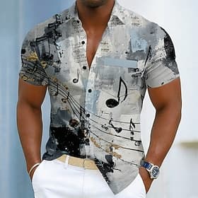 Men's Music Notes Shirt Summer Shirt Button Up Shirt Short Sleeve Vintage Daily Music Festival Holiday Summer Spring Turndown 3D Print Front One Pocket Linen L