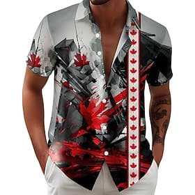 Canada Day Men's Striped Maple Leaf National Flag Shirt Summer Shirt Button Up Shirt Short Sleeve Patriotic Outdoor Holiday Summer Spring Turndown 3D Print Col