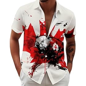 Canada Day Men's Elk Maple Leaf Beaver Shirt Summer Shirt Button Up Shirt Short Sleeve Patriotic Outdoor Holiday Summer Spring Turndown 3D Print Collared Shirt