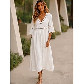 Women's Midi Dress A Line Dress Casual Beach Loose Fit Solid Color 3/4 Length Sleeve V Neck Beige Summer Spring