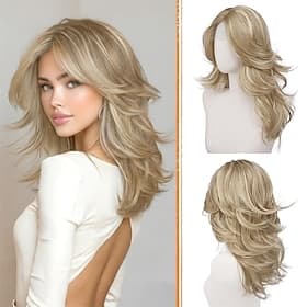 Blonde Layered Wigs with Curtain Bangs Lace Front Hairline Long Wavy Natural Looking Middle Part Synthetic Hair Wig for Women Daily Party Costume, 20 Inch Dirt
