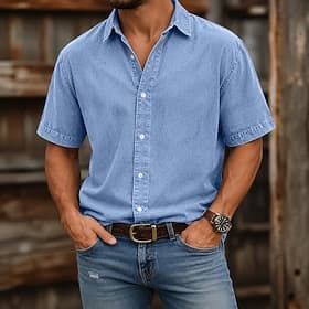 SoftFade™ Men Shirt Casual Shirt Acid Wash Shirt Garment Dyed Black Pink Navy Blue Purple khaki Short Sleeve Plain Shirt Collar Casual Daily Front Pocket Cloth