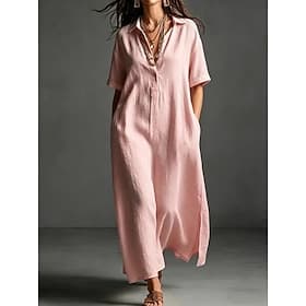 Women's Maxi long Dress Linen Dresses Elegant Vacation Loose Fit Plain Short Sleeve Shirt Collar Summer