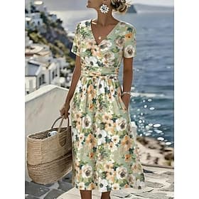 Mulheres Vestido midi Vestido de turno Férias Casual Boho Diário Vestido de verão vestido de primavera Normal Floral Gráfico Folha Manga Curta Decote V Verde C