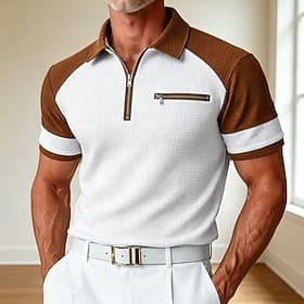 Men's Waffle Polo Shirts Golf Shirt Casual Vacation Lapel Quarter Zip Short Sleeve Fashion Basic Plain Color Block Summer Spring Regular Fit Black White Navy B