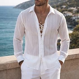 Men Shirt Casual Shirt Button Up Shirt Jacquard Shirt White Long Sleeve Plain Shirt Collar Casual Daily Ruched Clothing Apparel Elegant Fashion Modern Casual